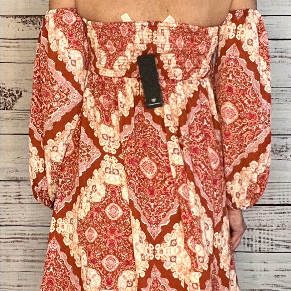 Lulus Carefree Babe Rusty RoseBoho Print Off Shoulder Mini Dress - Picture 3 of 8
